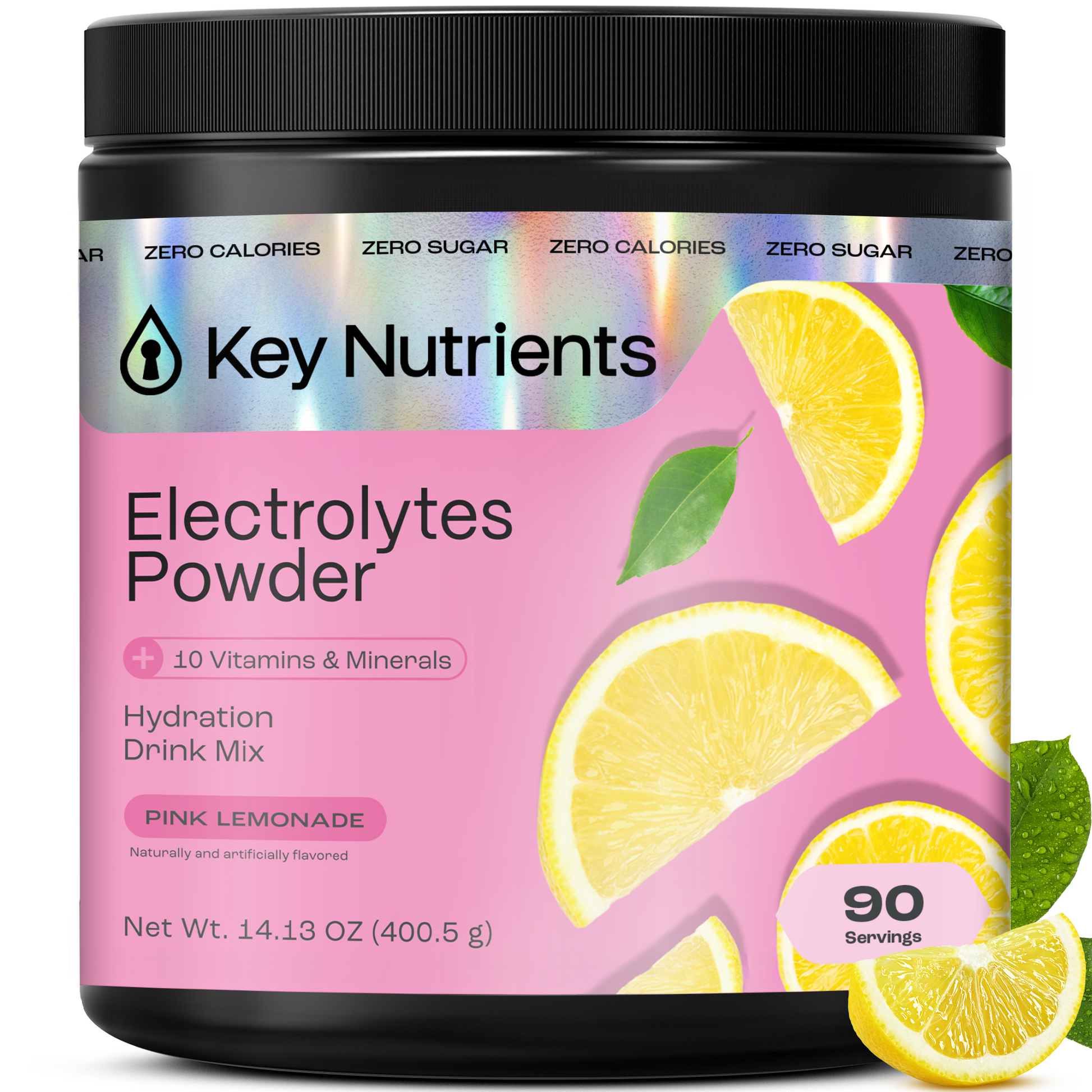 Electrolyte Recovery Plus Powder (Sugar-Free) in pink lemonade flavor, with lemon slice graphics.