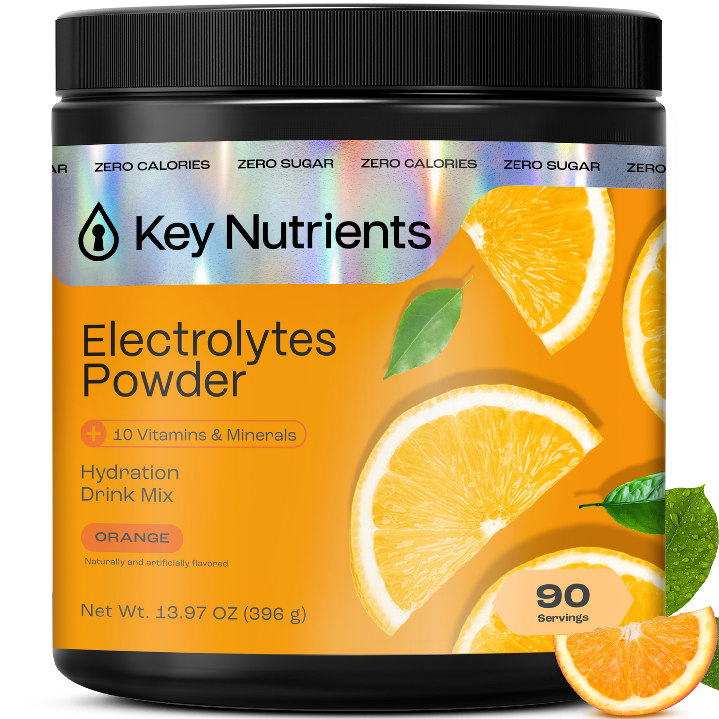 A container of Electrolyte Recovery Plus Powder (Sugar-Free), orange flavor, with orange slice images.