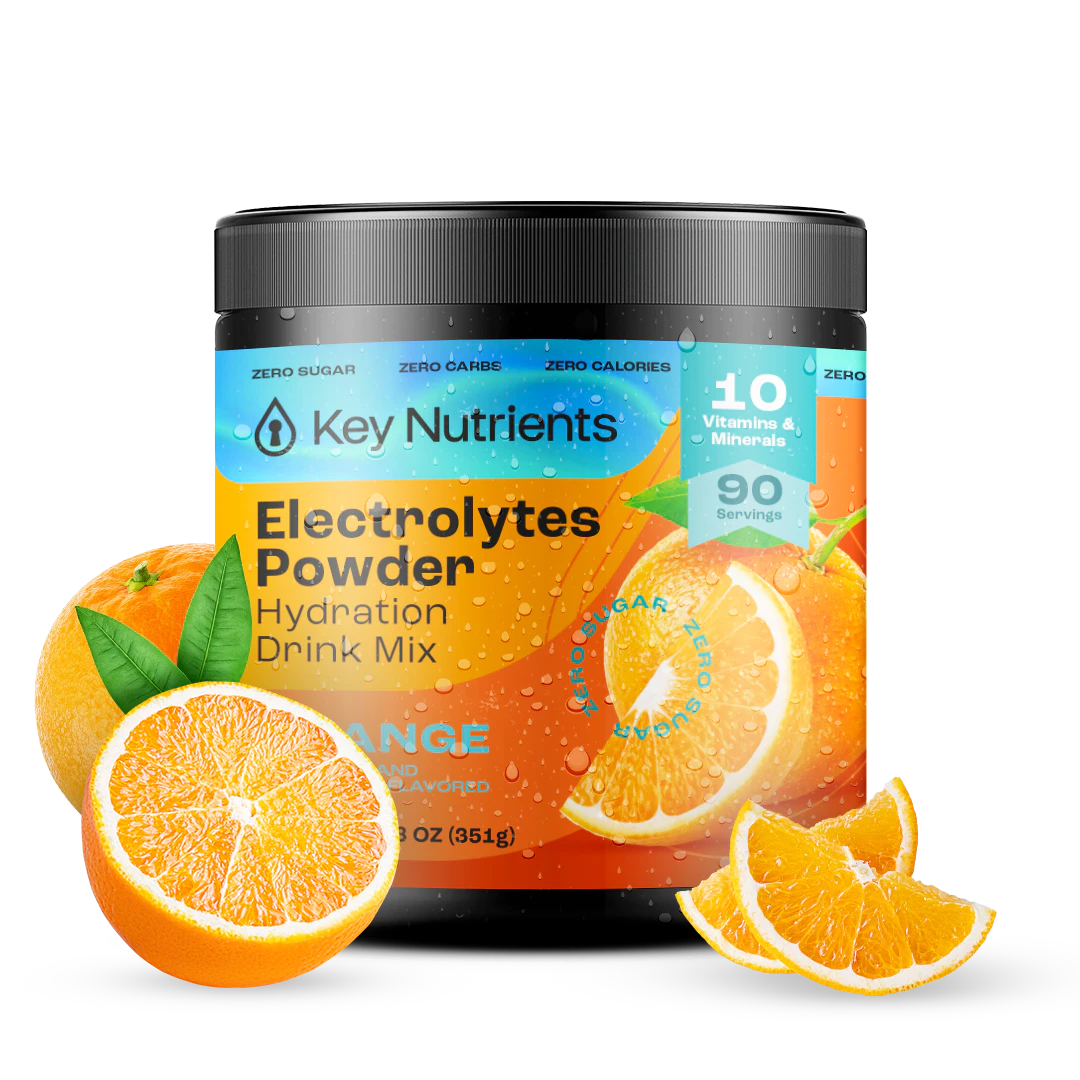 Electrolyte Recovery Plus Powder (Sugar-Free) container featuring vibrant oranges is perfect for hydration. This zero-sugar, keto diet-friendly drink provides 90 servings to keep you refreshed and energized.