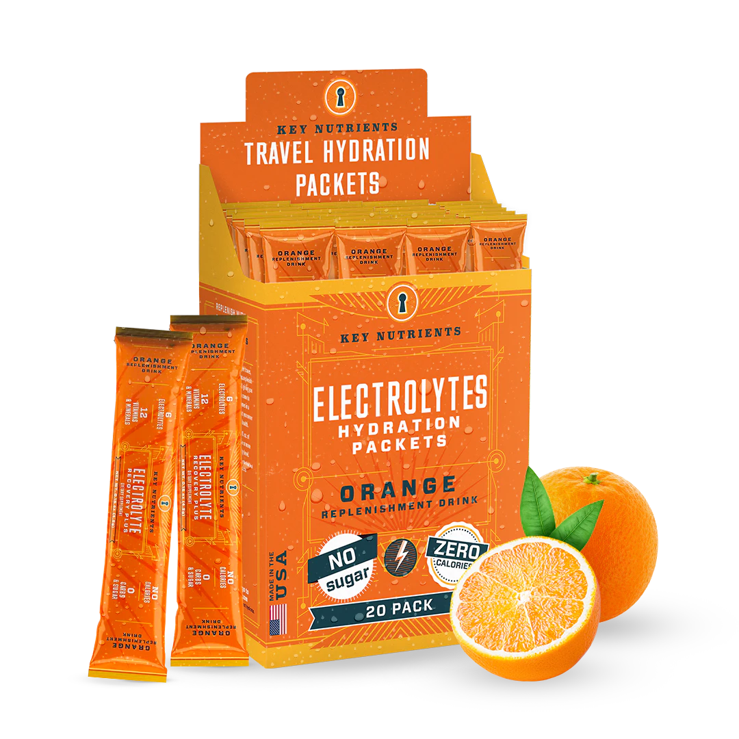 Box of Electrolyte Recovery Plus Powder packets, featuring vibrant orange designs and a Sugar-Free label. Ideal for creating a keto-friendly hydration drink.