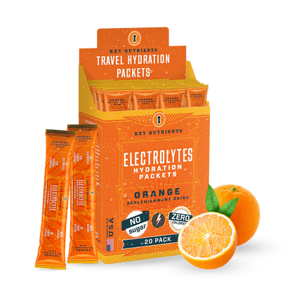 Box of Electrolyte Recovery Plus Powder packets, featuring vibrant orange designs and a Sugar-Free label. Ideal for creating a keto-friendly hydration drink.