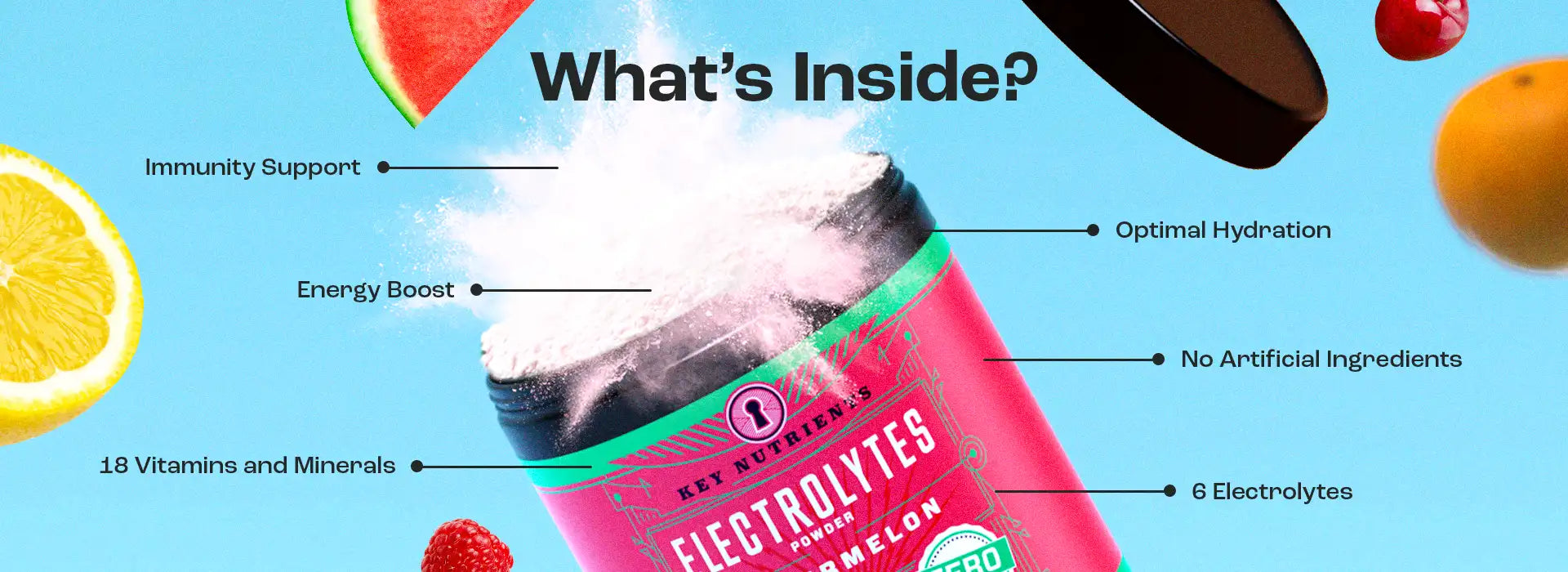 Electrolyte drink powder with fruit and benefits like immunity support and optimal hydration.