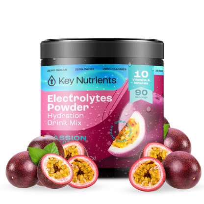 A vibrant jar of Electrolyte Recovery Plus Powder (Sugar-Free), ideal for a keto diet and infused with passion fruit flavor, sits amidst fresh passion fruits. This hydration drink not only tantalizes your taste buds but also replenishes essential nutrients for ultimate refreshment.