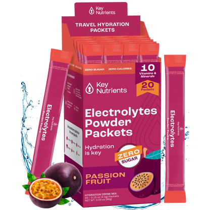 The Electrolyte Recovery Plus Powder (Sugar-Free) with passion fruit offers zero sugar electrolyte packets, ideal for a keto-friendly hydration drink.