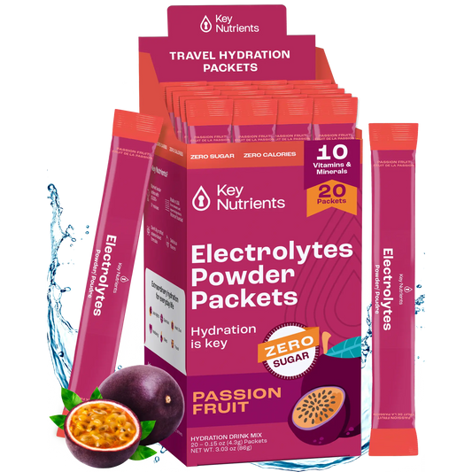 Passion Fruit - 20 servings The Electrolyte Recovery Plus Powder (Sugar-Free) with passion fruit offers zero sugar electrolyte packets, ideal for a keto-friendly hydration drink.