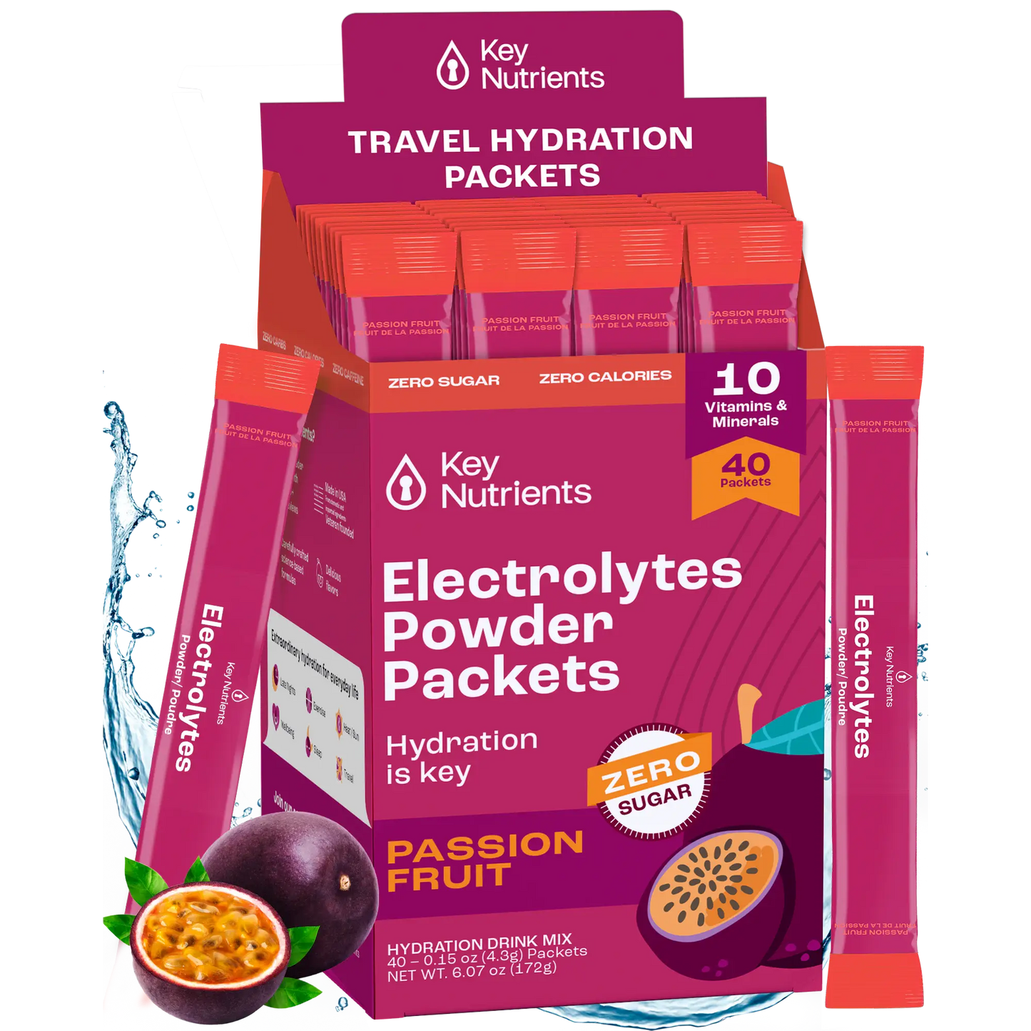 Electrolyte Recovery Plus Powder (Sugar-Free) in a passion fruit flavor, ideal for maintaining hydration during travel, keto-friendly, and packed with 10 essential vitamins.