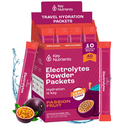 Electrolyte Recovery Plus Powder (Sugar-Free) in a passion fruit flavor, ideal for maintaining hydration during travel, keto-friendly, and packed with 10 essential vitamins.