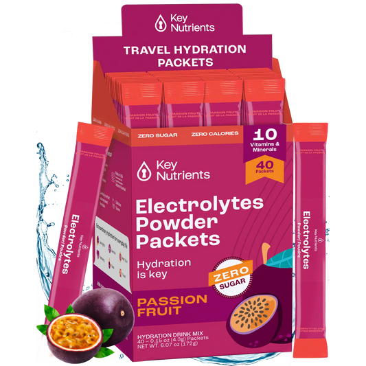 Passion Fruit - 40 servings Electrolyte Recovery Plus Powder (Sugar-Free) in a passion fruit flavor, ideal for maintaining hydration during travel, keto-friendly, and packed with 10 essential vitamins.