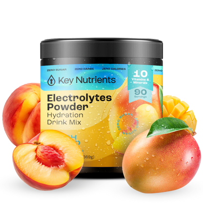 A colorful container of Electrolyte Recovery Plus Powder (Sugar-Free) suitable for a keto diet is nestled among fresh peaches and mangoes, making it ideal for a refreshing hydration drink.