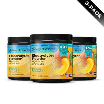 A 3-pack of zero-calorie peach mango Electrolyte Recovery Plus Powder enhances hydration.