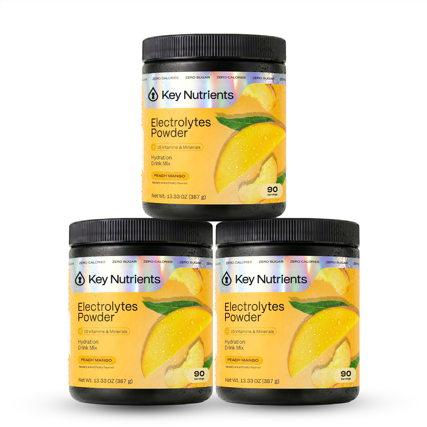 Three containers of Electrolyte Recovery Plus Powder (Sugar-Free) in Peach Mango flavor are stacked.