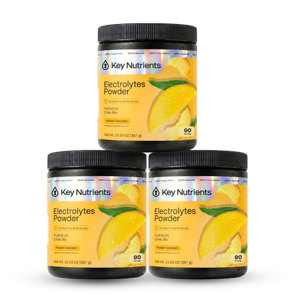Three containers of Electrolyte Recovery Plus Powder (Sugar-Free) in Peach Mango flavor are stacked.