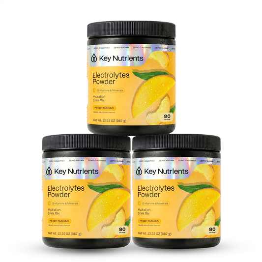 Three containers of Electrolyte Recovery Plus Powder (Sugar-Free) in Peach Mango flavor are stacked.