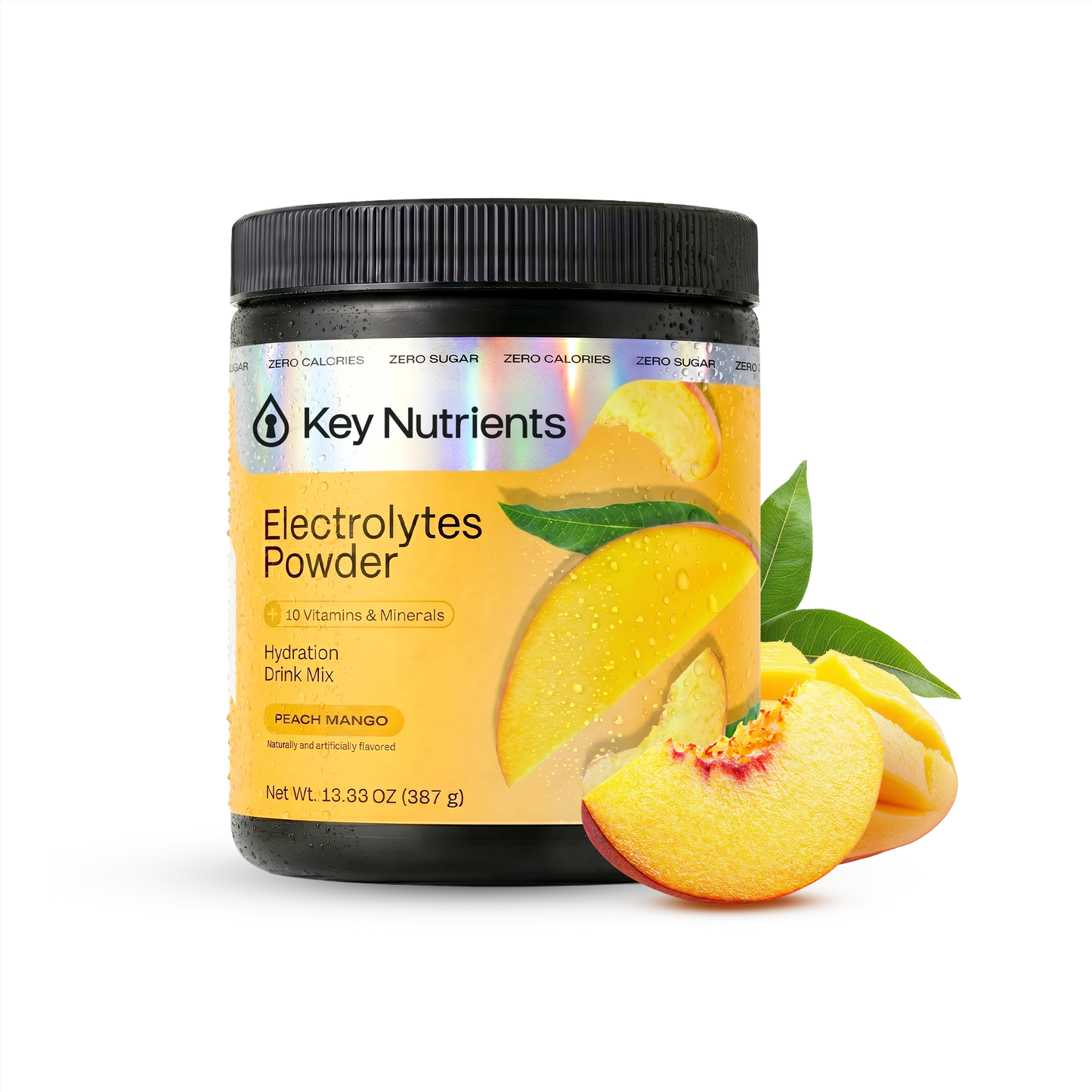 A jar of Electrolyte Recovery Plus Powder (Sugar-Free) in peach mango flavor with fresh fruit slices.
