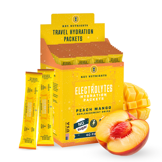 Peach Mango - 40 servings Electrolyte Recovery Plus Powder (Sugar-Free) in peach and mango flavor is ideal for a keto diet, complemented by the imagery of sliced peaches and mangoes. Enjoy this tasty hydration drink to keep refreshed and balanced all day long.