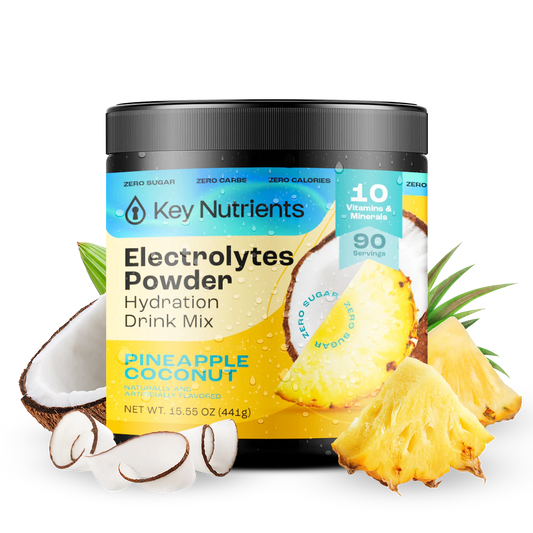 Pineapple Coconut - 90 servings Electrolyte Recovery Plus Powder (Sugar-Free) showcases vibrant pineapple and coconut illustrations on its label, offering a refreshing hydration drink experience.