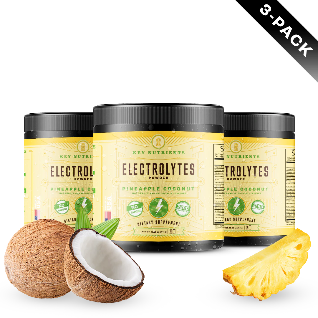 Three-pack of Electrolyte Recovery Plus Powder (Sugar-Free), a refreshing hydration drink with coconut and pineapple slices, perfect for the keto diet.