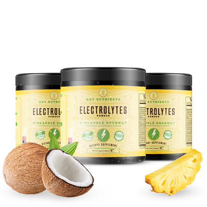 Three jars of Electrolyte Recovery Plus Powder (Sugar-Free), keto-friendly and infused with real coconut and pineapple pieces, make the ultimate hydration drink.