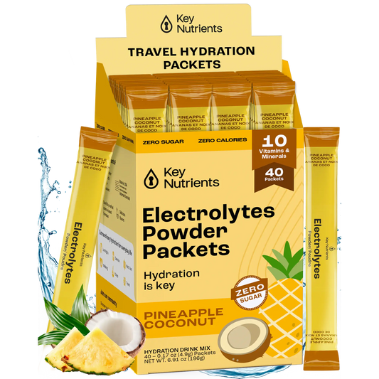 Pineapple Coconut - 40 servings Box of Sugar-Free Electrolyte Recovery Plus Powder, a tropical hydration drink featuring a splash design, perfectly Keto Diet friendly.