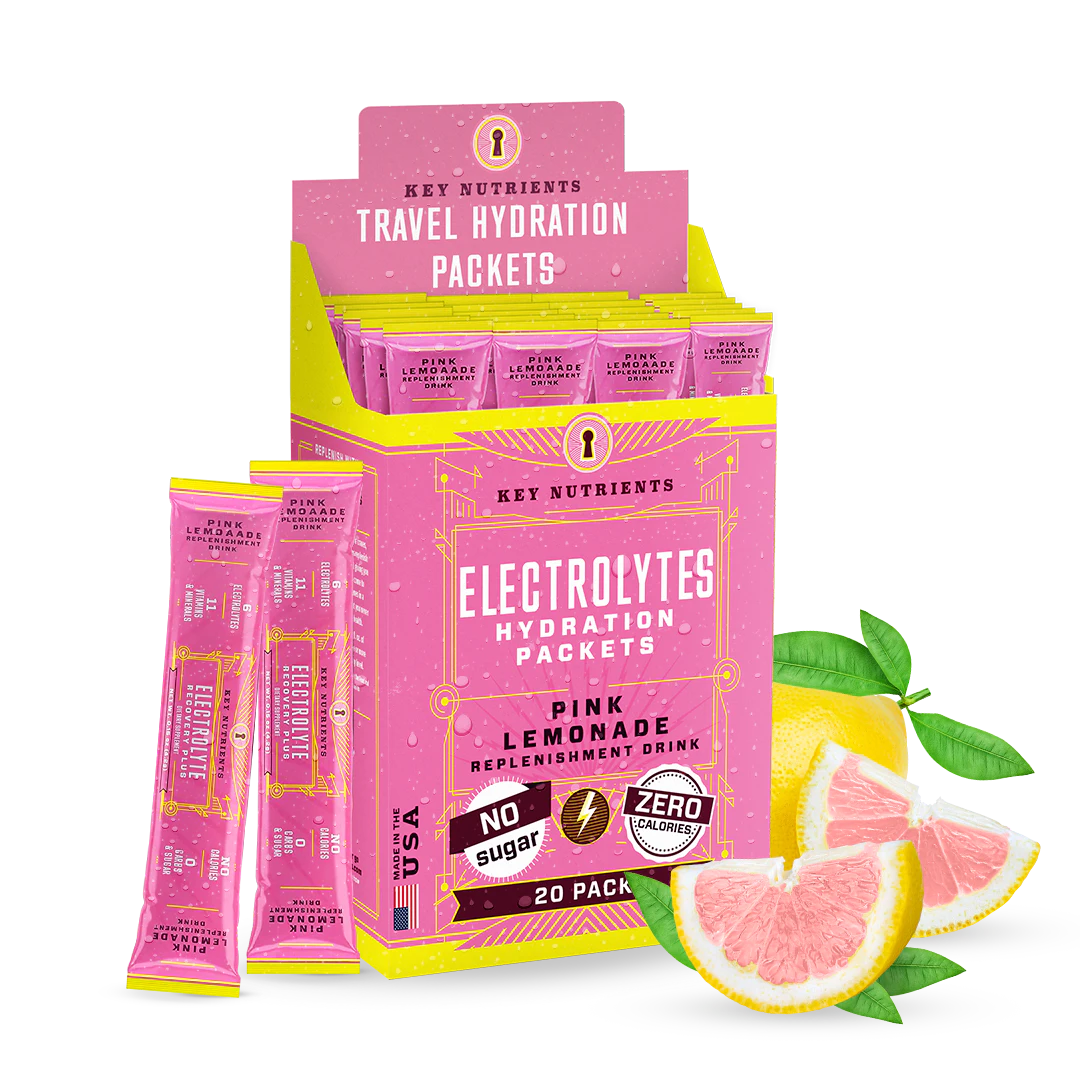 Introducing Electrolyte Recovery Plus Powder (Sugar-Free) – a box of pink lemonade with grapefruit and lemon slices, ideal for a refreshing hydration drink and keto-friendly diet.