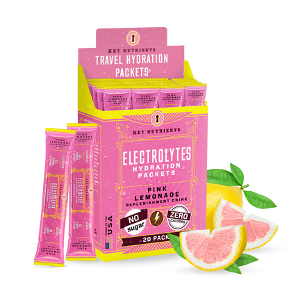 Introducing Electrolyte Recovery Plus Powder (Sugar-Free) – a box of pink lemonade with grapefruit and lemon slices, ideal for a refreshing hydration drink and keto-friendly diet.