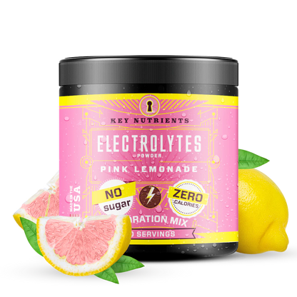 The Electrolyte Recovery Plus Powder (Sugar-Free) container features a refreshing design with lemons and grapefruit slices. Ideal for those on a keto diet, this hydration drink provides essential electrolytes without any sugar or calories.