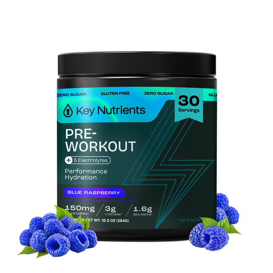 30 servings Key Nutrients Pre-Workout Powder, blue raspberry, 30 servings, zero sugar, gluten-free with blueberries.