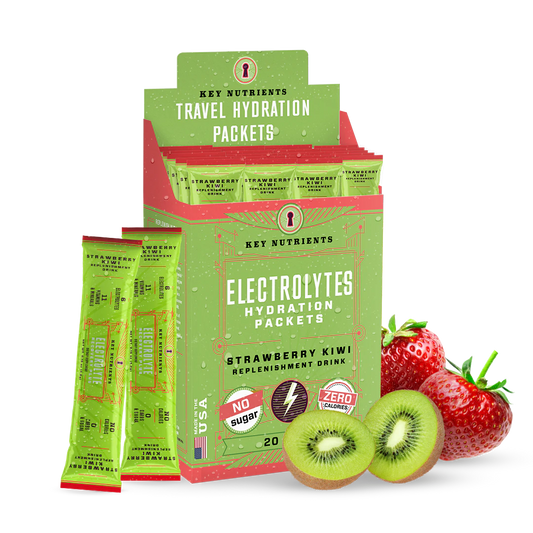 Strawberry Kiwi - 20 servings A green box of Electrolyte Recovery Plus Powder (Sugar-Free) packets is positioned next to fresh strawberries and kiwis. Ideal for a refreshing Hydration Drink, this blend is Keto Diet Friendly, offering taste without compromise.