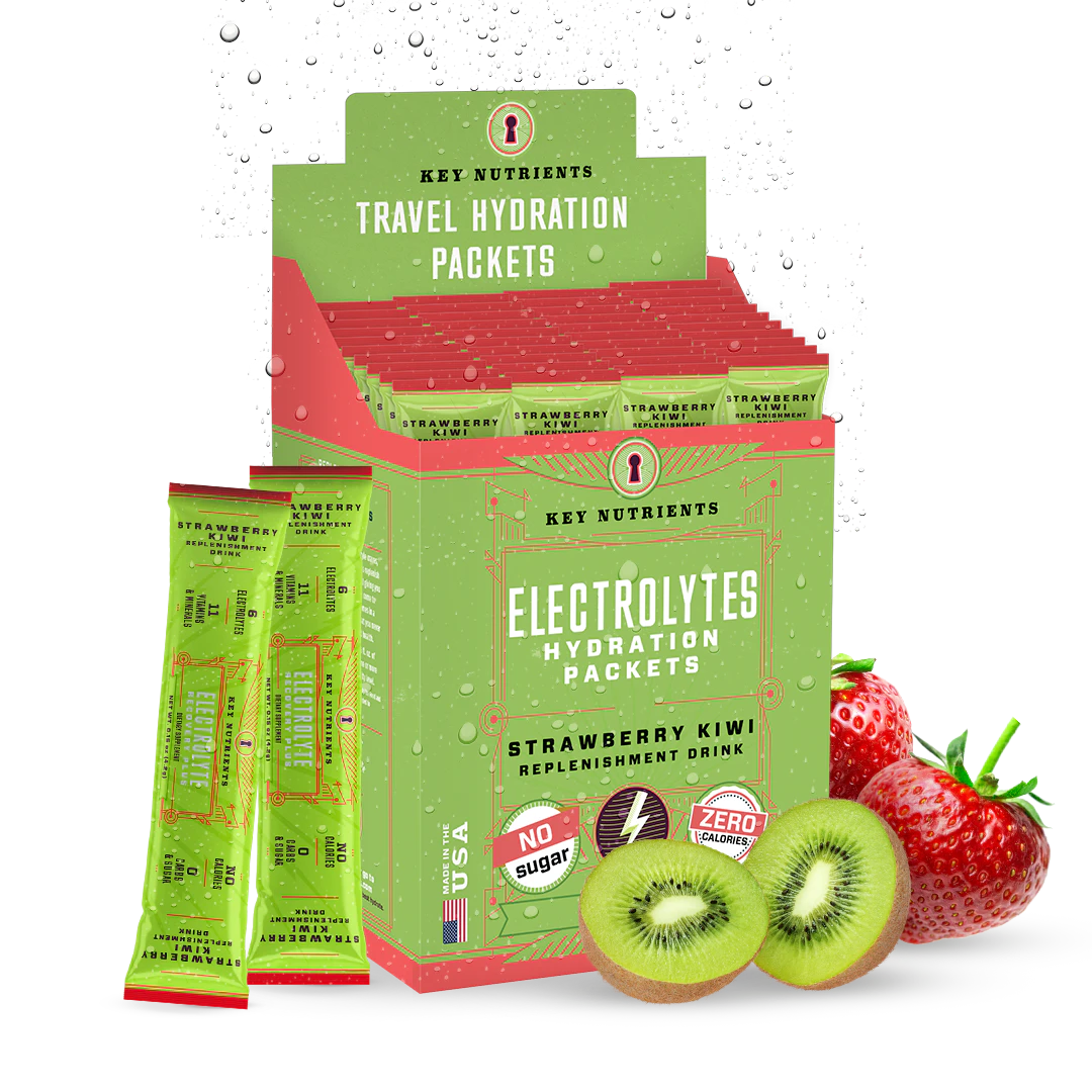 Box of Electrolyte Recovery Plus Powder (Sugar-Free) hydration drink packets featuring vibrant fruit images, ideal for keto diet enthusiasts.