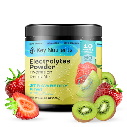 Electrolyte Recovery Plus Powder (Sugar-Free) container showcases a blend of strawberry and kiwi graphics on a clean white background, ideal for the keto diet.