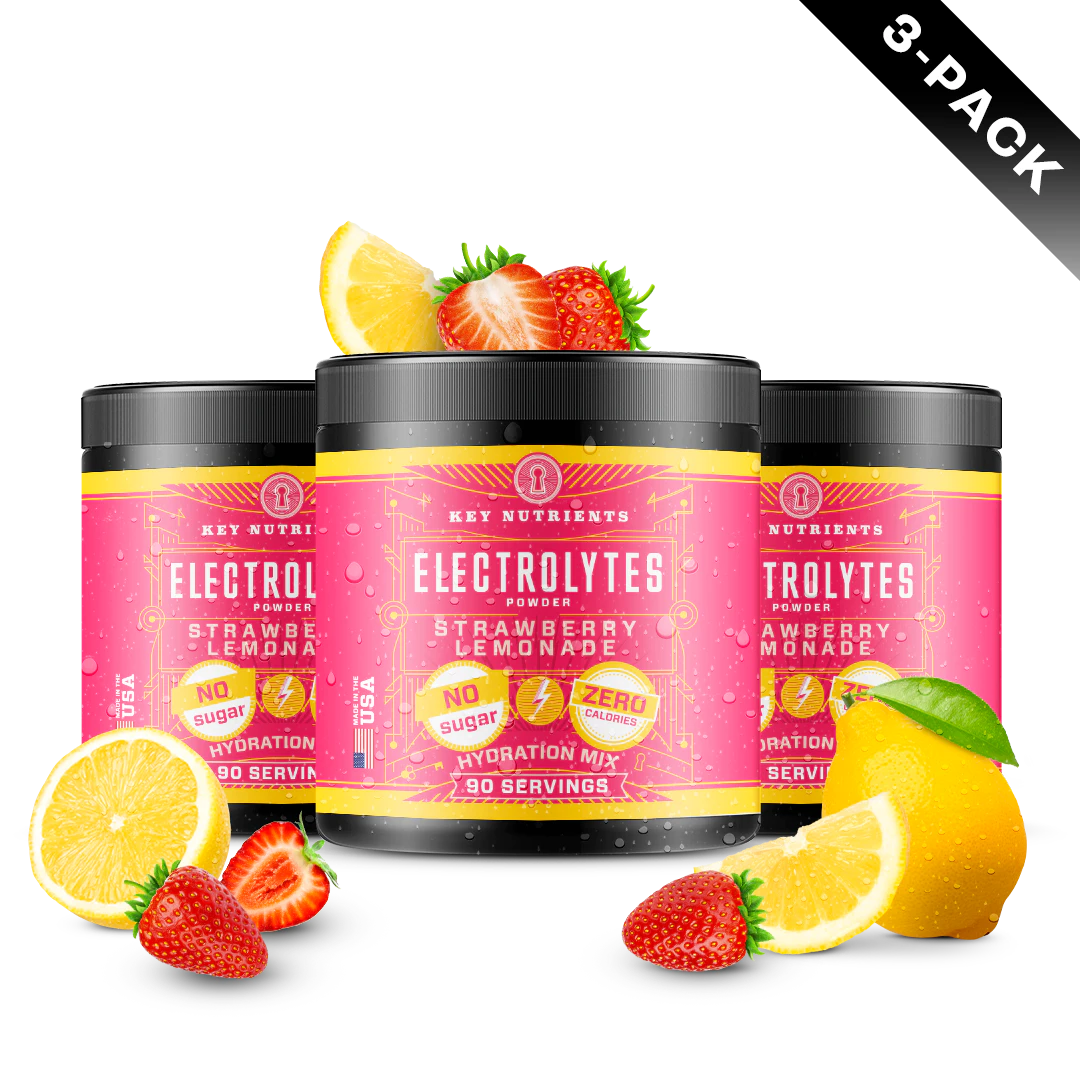 Three-pack of Electrolyte Recovery Plus Powder (Sugar-Free) with fruit illustrations, perfect for a keto diet-friendly hydration drink.