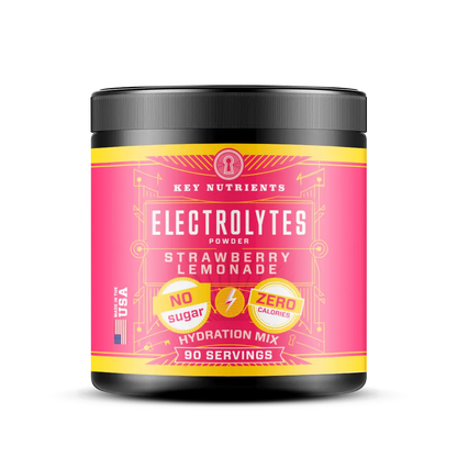 Pink container of Electrolyte Recovery Plus Powder, Strawberry Lemonade flavor, 90 servings. This sugar-free hydration drink is perfect for those on a keto diet, ensuring you stay refreshed and balanced with every sip.