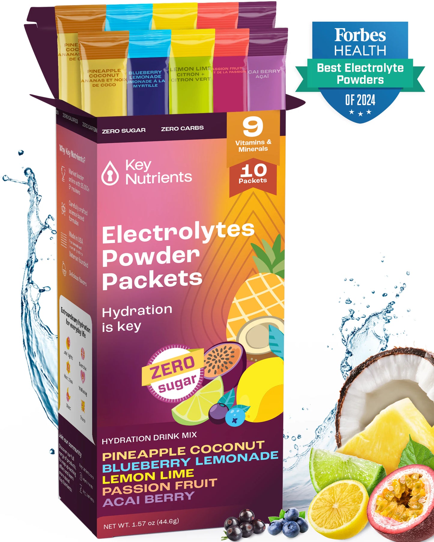 Electrolyte Recovery Plus Powder Travel Packets (Old) are vibrant electrolyte powder packets made for hydration, showcasing fruits and water splashes, marked zero sugar and nine vitamins—ideal for those on a keto diet.