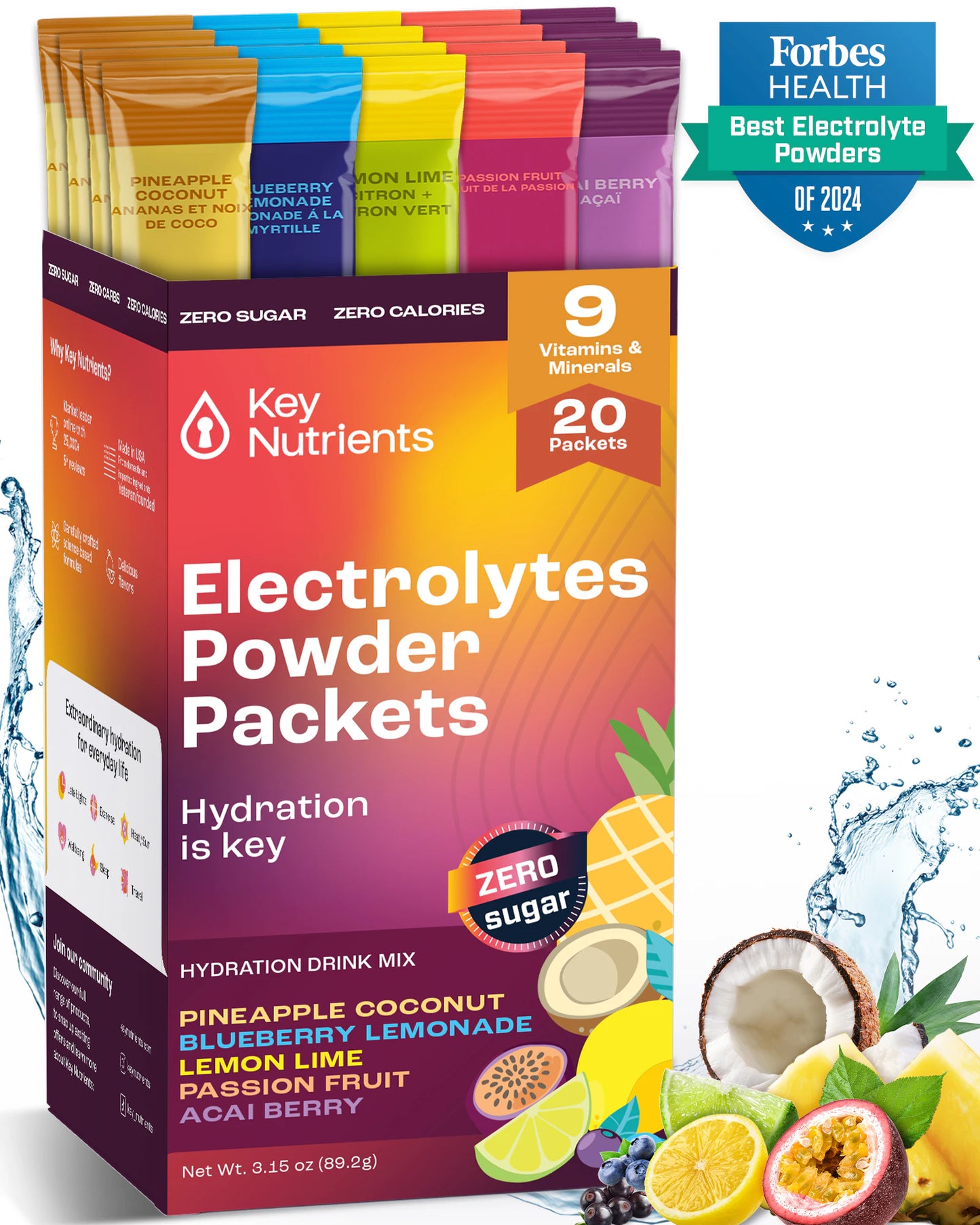 The Electrolyte Recovery Plus Powder Travel Packets feature a vibrant box embellished with fruit illustrations and a Best of 2024 badge, promising refreshing hydration. Perfect for keto dieters, they deliver a burst of energy and flavor in every sip.