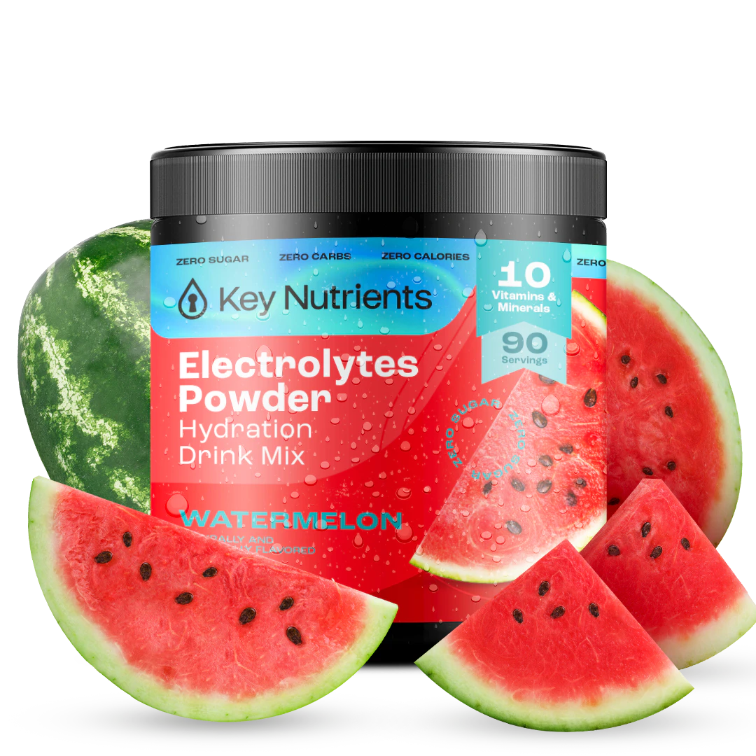 Container of Electrolyte Recovery Plus Powder (Sugar-Free), a hydration drink perfect for the keto diet, with watermelon slices surrounding it.