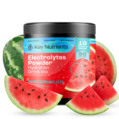 Container of Electrolyte Recovery Plus Powder (Sugar-Free), a hydration drink perfect for the keto diet, with watermelon slices surrounding it.