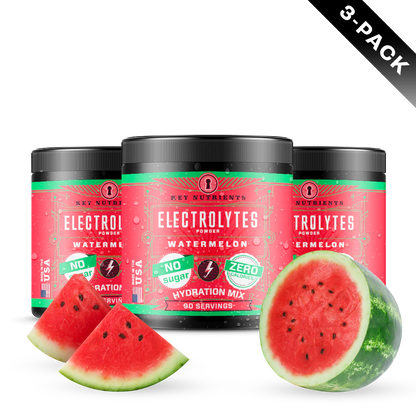 Three jars of Electrolyte Recovery Plus Powder (Sugar-Free), a keto diet-friendly supplement, sit enticingly with fresh watermelon slices in front, making it the perfect hydration drink.