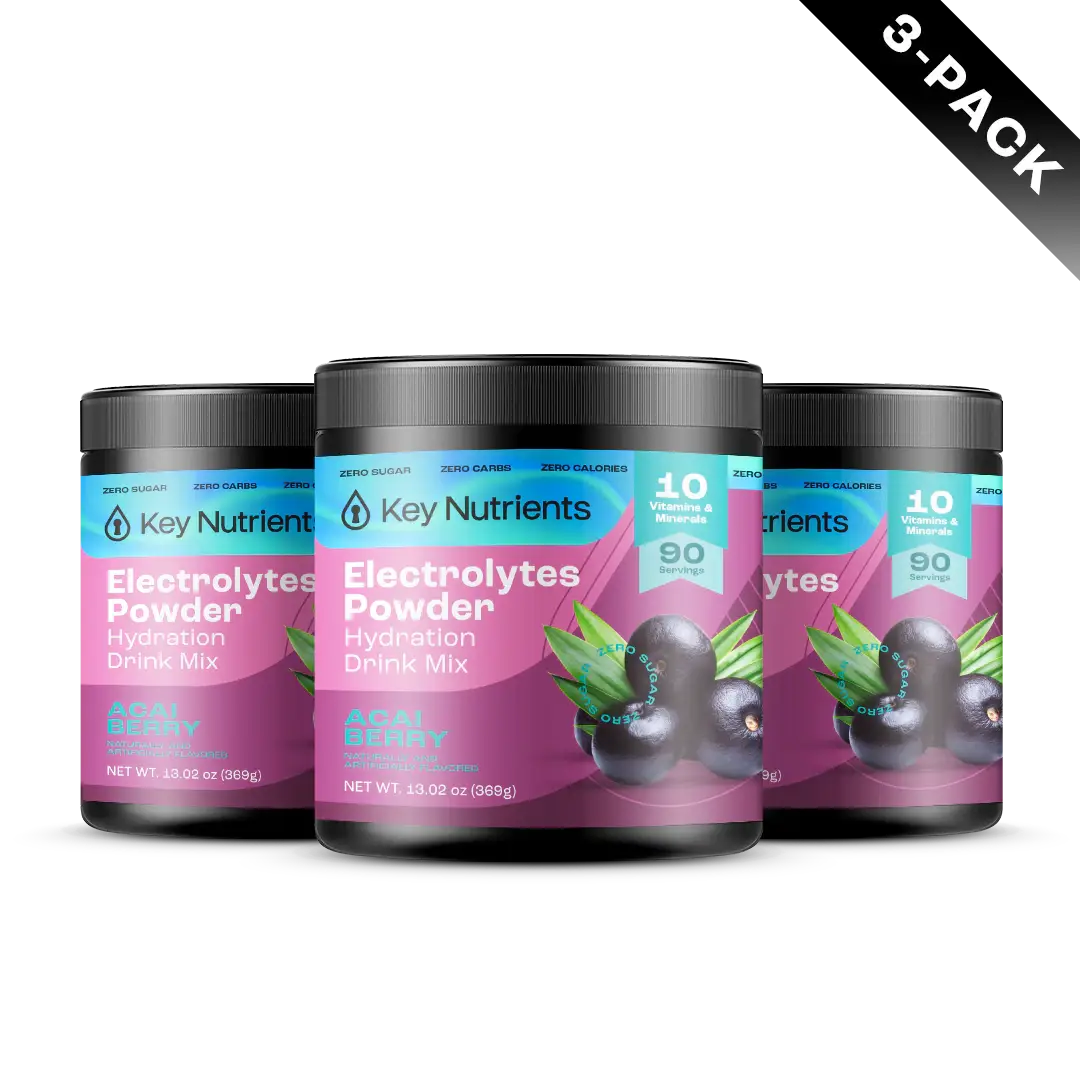 A 3-pack of Electrolyte Recovery Plus Powder in a keto-friendly Acai Berry flavor, perfect as a sugar-free hydration drink.