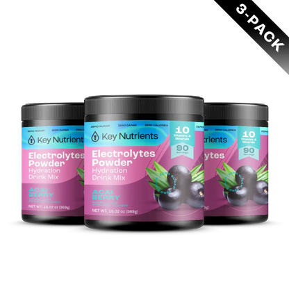 A 3-pack of Electrolyte Recovery Plus Powder in a keto-friendly Acai Berry flavor, perfect as a sugar-free hydration drink.