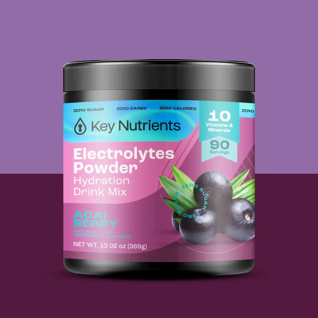 A jar of Electrolyte Recovery Plus Powder (Sugar-Free) is prominently displayed against a purple background, providing a refreshing hydration drink that’s keto diet friendly.