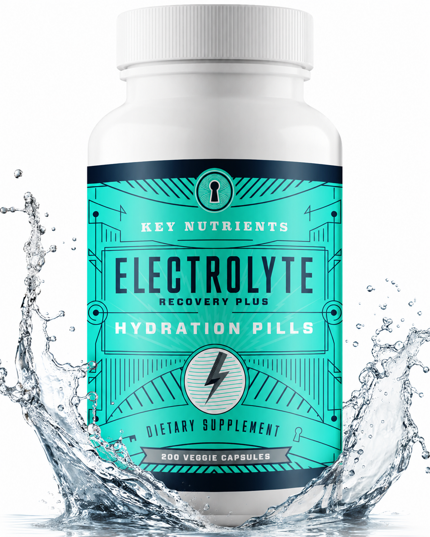 A white bottle of Electrolyte Hydration Pills (capsules) with water splashes for hydration.