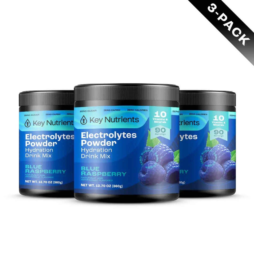 Three black containers of Electrolyte Recovery Plus Powder (Sugar-Free) in a 3-pack, featuring a Blue Raspberry flavor. This hydration drink is ideal for keto diet enthusiasts, supplying essential electrolytes to keep you refreshed and balanced.