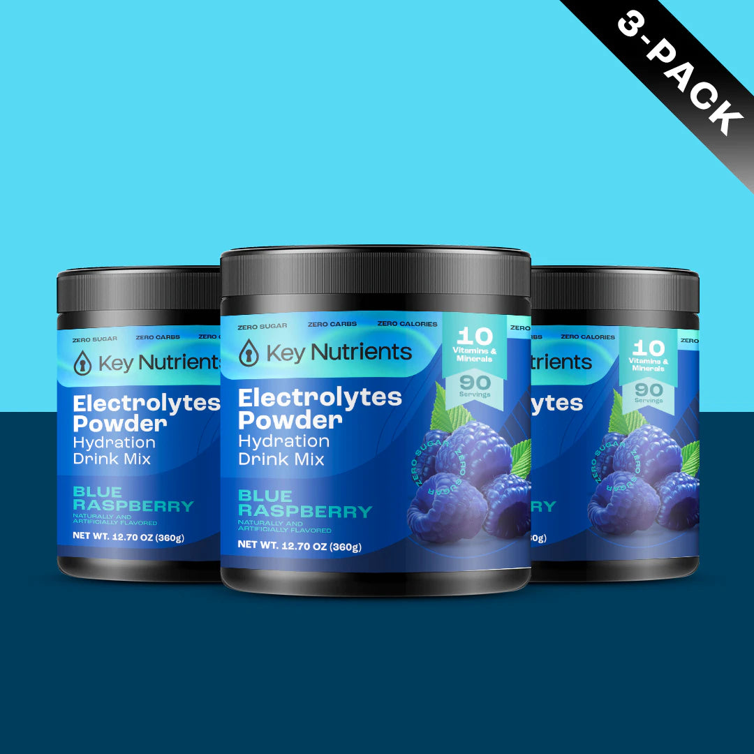 Three jars of Electrolyte Recovery Plus Powder (Sugar-Free) on a blue background, ideal for those looking for a Keto Diet-friendly hydration drink.