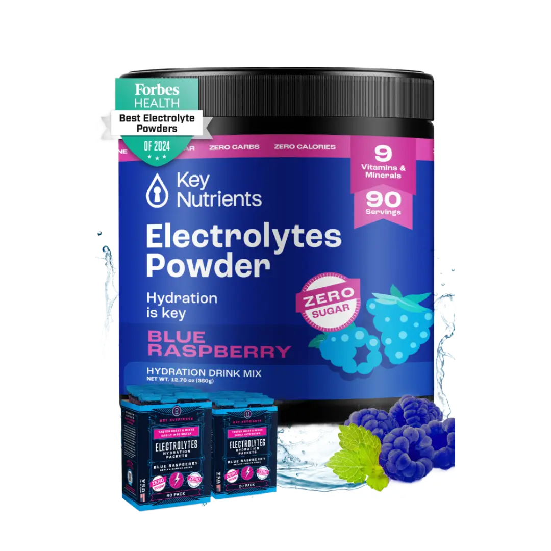 The Electrolyte Recovery Plus Powder (Sugar-Free), in Blue Raspberry flavor with a design of illustrated berries, proudly displays a Best of 2024 badge. It’s an ideal choice for those following a Keto Diet who want a refreshing hydration option.