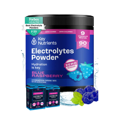 The Electrolyte Recovery Plus Powder (Sugar-Free), in Blue Raspberry flavor with a design of illustrated berries, proudly displays a Best of 2024 badge. It’s an ideal choice for those following a Keto Diet who want a refreshing hydration option.