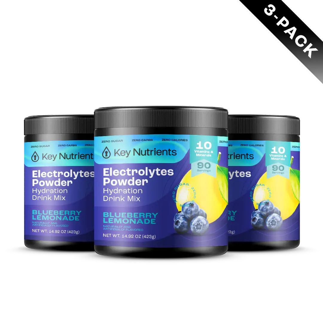 A 3-pack of Electrolyte Recovery Plus Powder (Sugar-Free) in a delightful Blueberry Lemonade flavor, ideal for hydration and compatible with a keto diet.