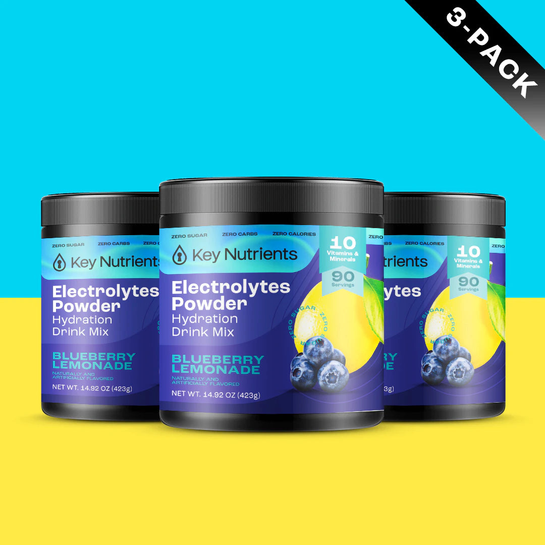 Three jars of Electrolyte Recovery Plus Powder (Sugar-Free), in the Blueberry Lemonade flavor, stand against a vibrant yellow background. This refreshing hydration drink is filled with essential electrolytes and is keto diet friendly, making it an ideal choice for health-conscious individuals.