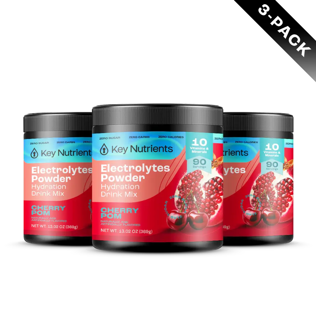 Three containers of Electrolyte Recovery Plus Powder (Sugar-Free) in Cherry Pomegranate flavor, a refreshing hydration drink labeled as a 3-pack, ideal for those following a keto-friendly lifestyle.