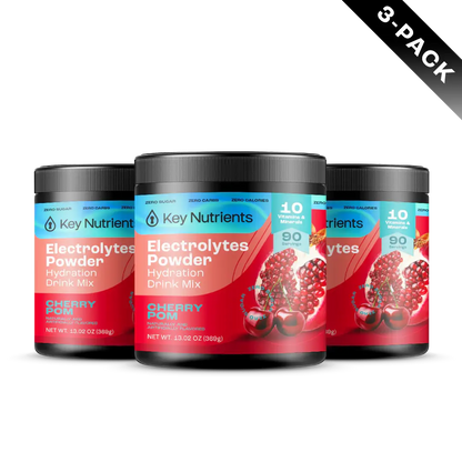 Three containers of Electrolyte Recovery Plus Powder (Sugar-Free) in Cherry Pomegranate flavor, a refreshing hydration drink labeled as a 3-pack, ideal for those following a keto-friendly lifestyle.