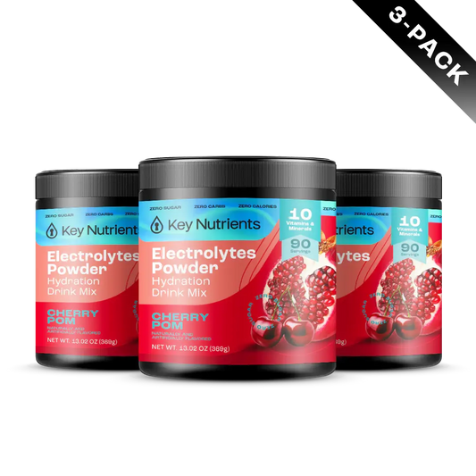 Cherry Pom - 270 servings Three containers of Electrolyte Recovery Plus Powder (Sugar-Free) in Cherry Pomegranate flavor, a refreshing hydration drink labeled as a 3-pack, ideal for those following a keto-friendly lifestyle.